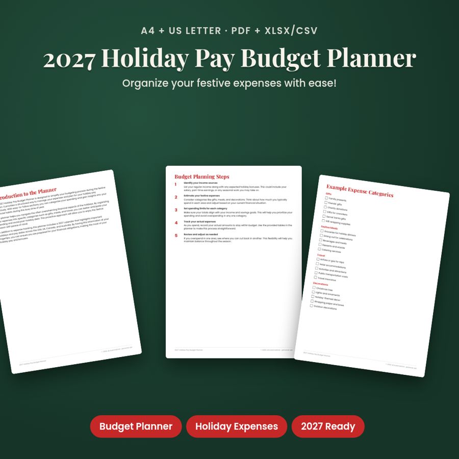 2027 Holiday Pay Budget Planner | Printable PDF + Excel Template