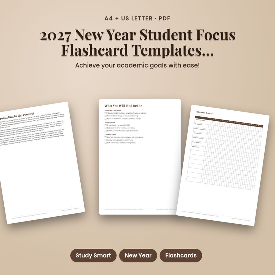 2027 New Year Student Focus Flashcard Templates | Printable PDF