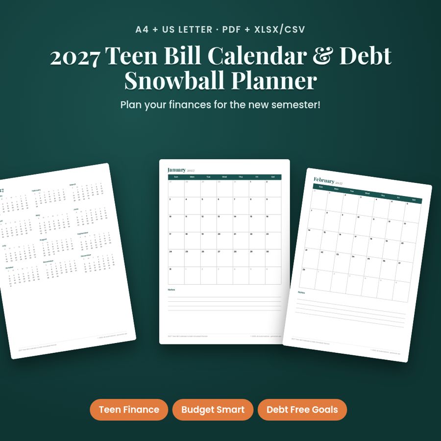 2027 Teen Bill Calendar & Debt Snowball Planner | PDF + Excel