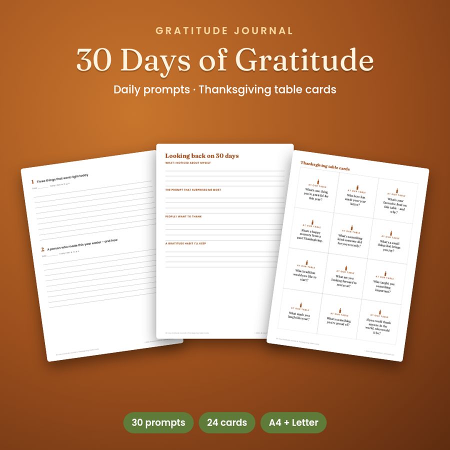 30-Day Gratitude Journal + Thanksgiving Table Cards | Printable