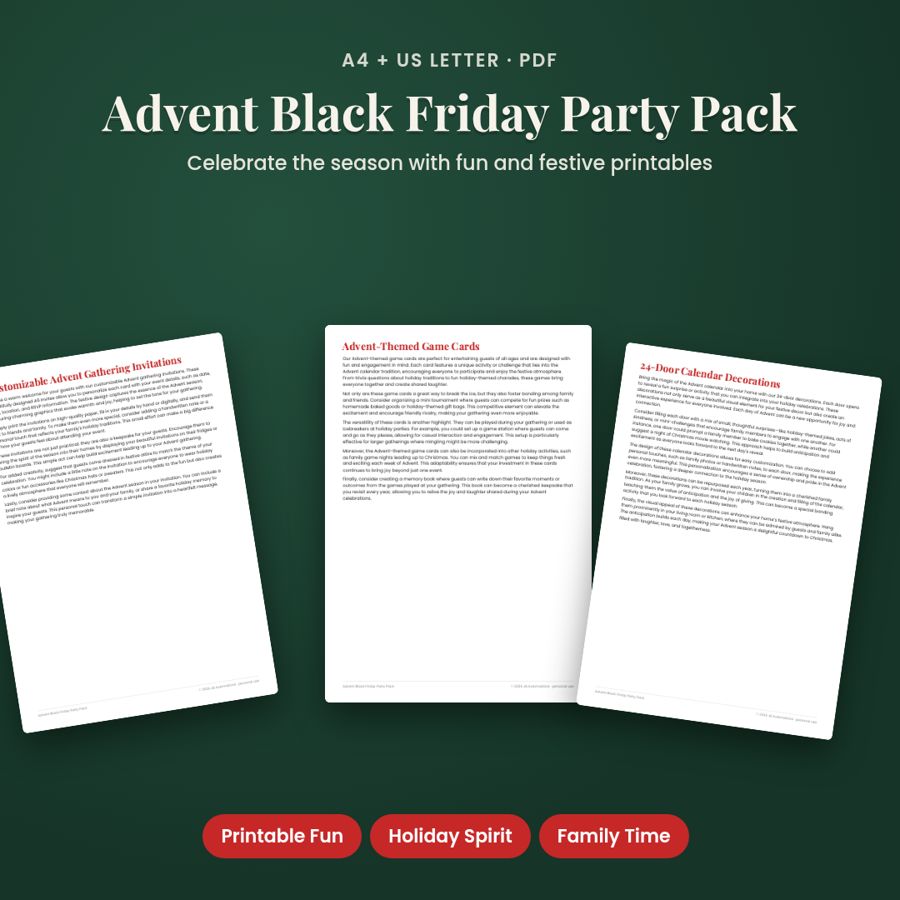 Advent Black Friday Party Pack | Printable PDF, A4 + US Letter