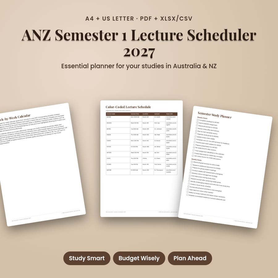 ANZ Semester 1 Lecture Scheduler 2027 | Printable PDF + Excel Template