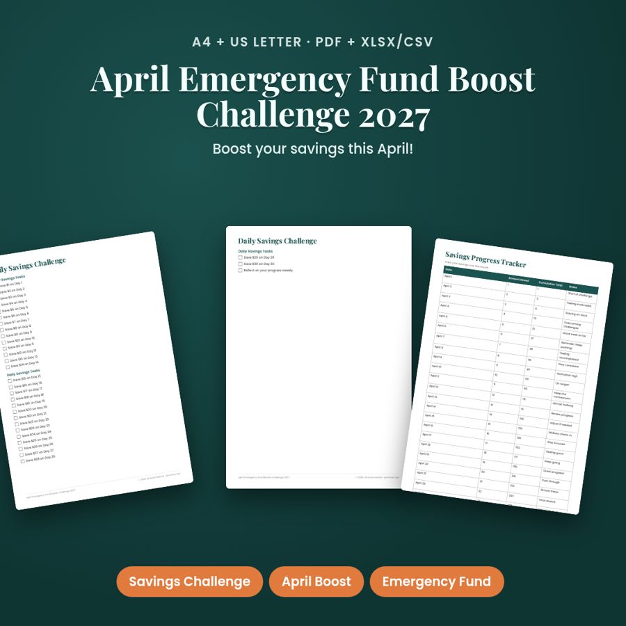 April Emergency Fund Boost Challenge 2027 | PDF + Excel Spreadsheet