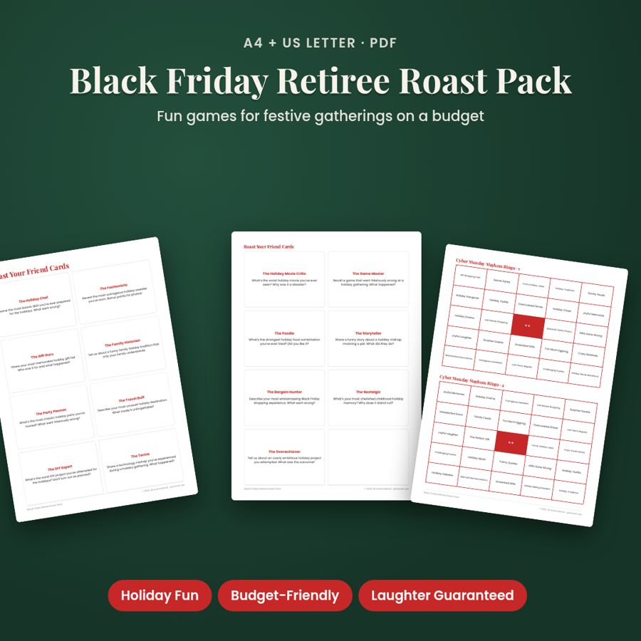 Black Friday Retiree Roast Pack | Printable PDF, A4 + US Letter