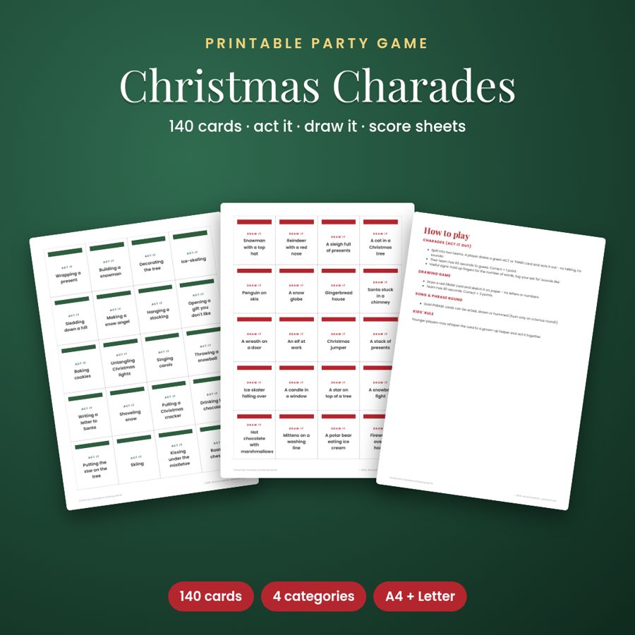Christmas Charades Game | 140 Printable Cards for Family & Office