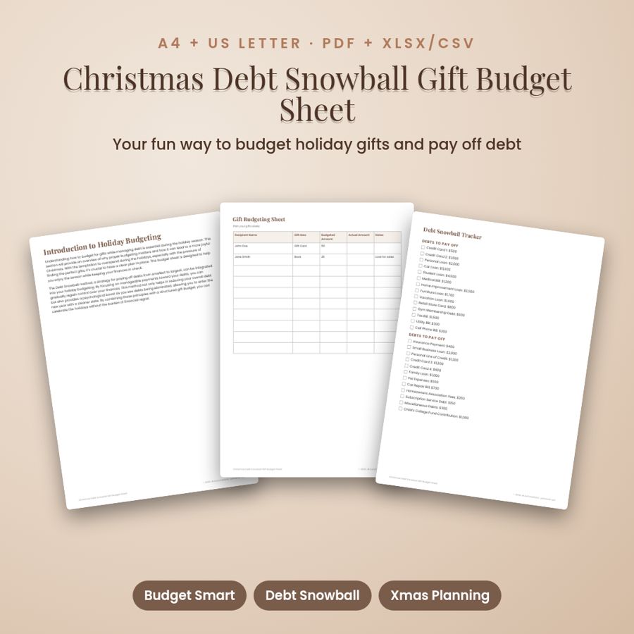 Christmas Debt Snowball Gift Budget Sheet | PDF + Excel Spreadsheet