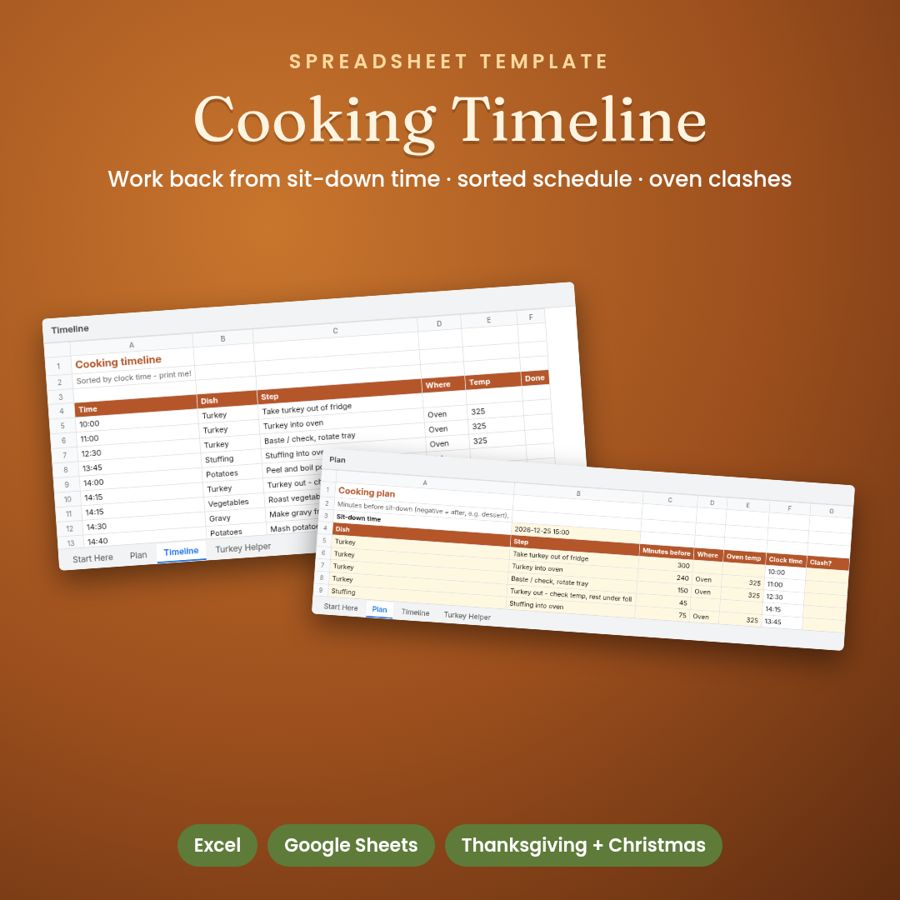 Christmas Dinner Timeline Spreadsheet | Holiday Cooking Schedule
