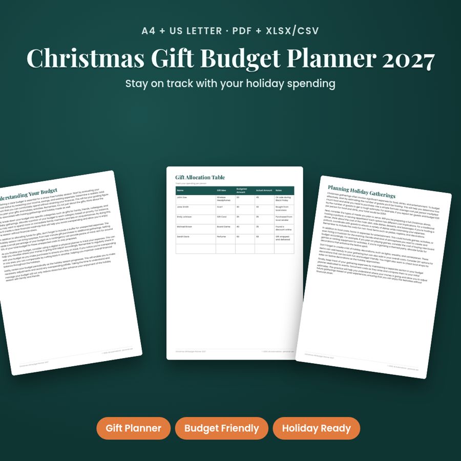 Christmas Gift Budget Planner 2027 | Printable PDF + Excel Template