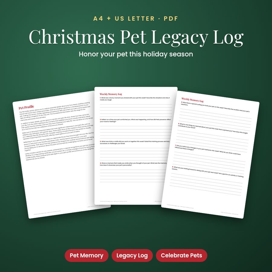 Christmas Pet Legacy Log – Memory & Training Journal | Printable PDF