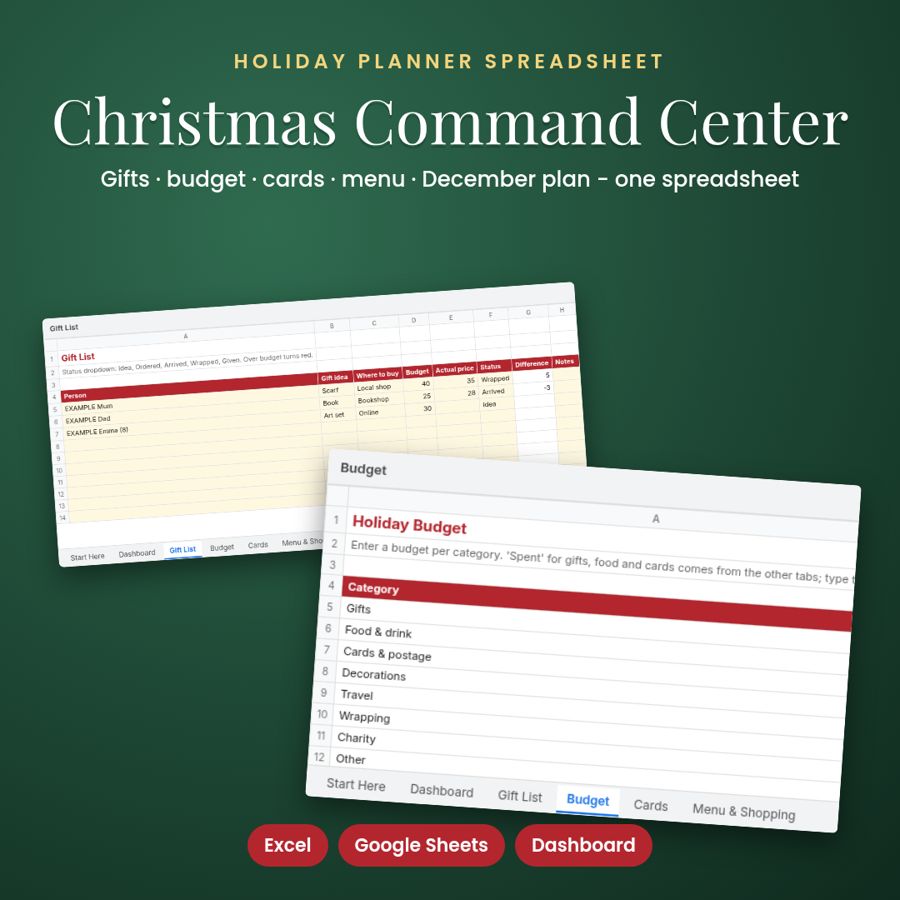 Christmas Planner Spreadsheet | Gift List, Budget & Menu Organizer – preview
