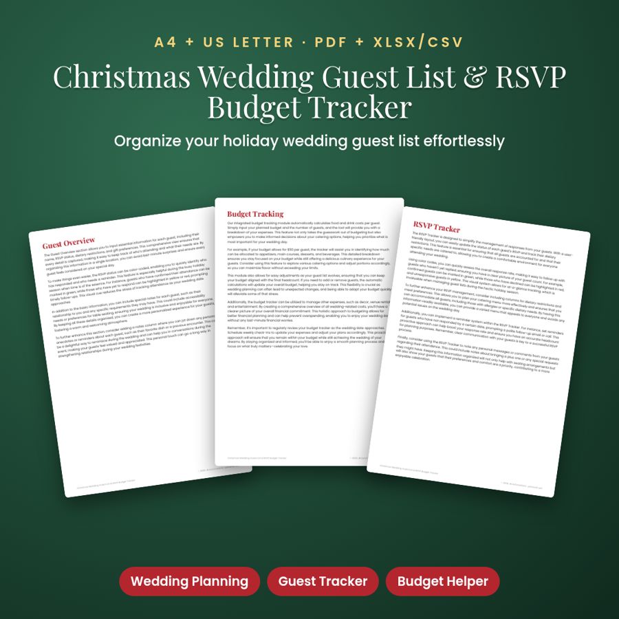 Christmas Wedding Guest List & RSVP Budget Tracker | PDF + Excel