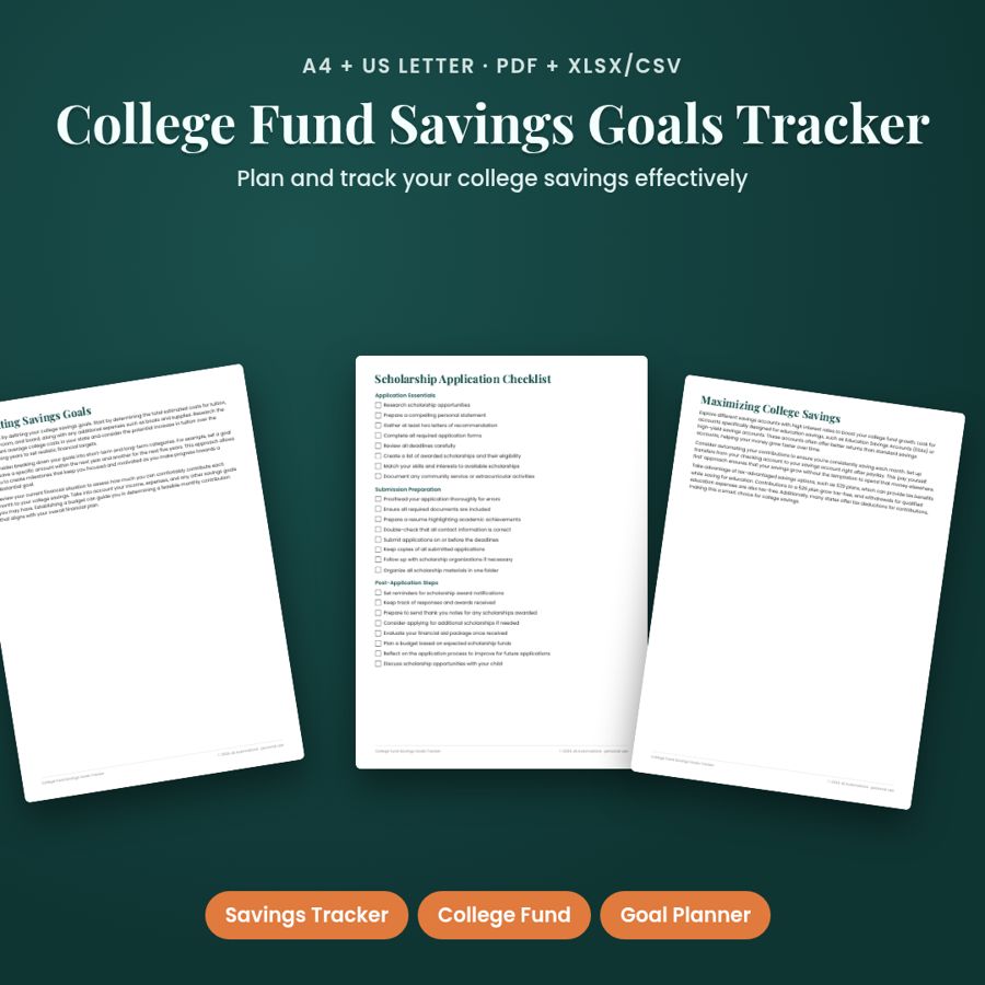 College Fund Savings Goals Tracker | Printable PDF + Excel Template