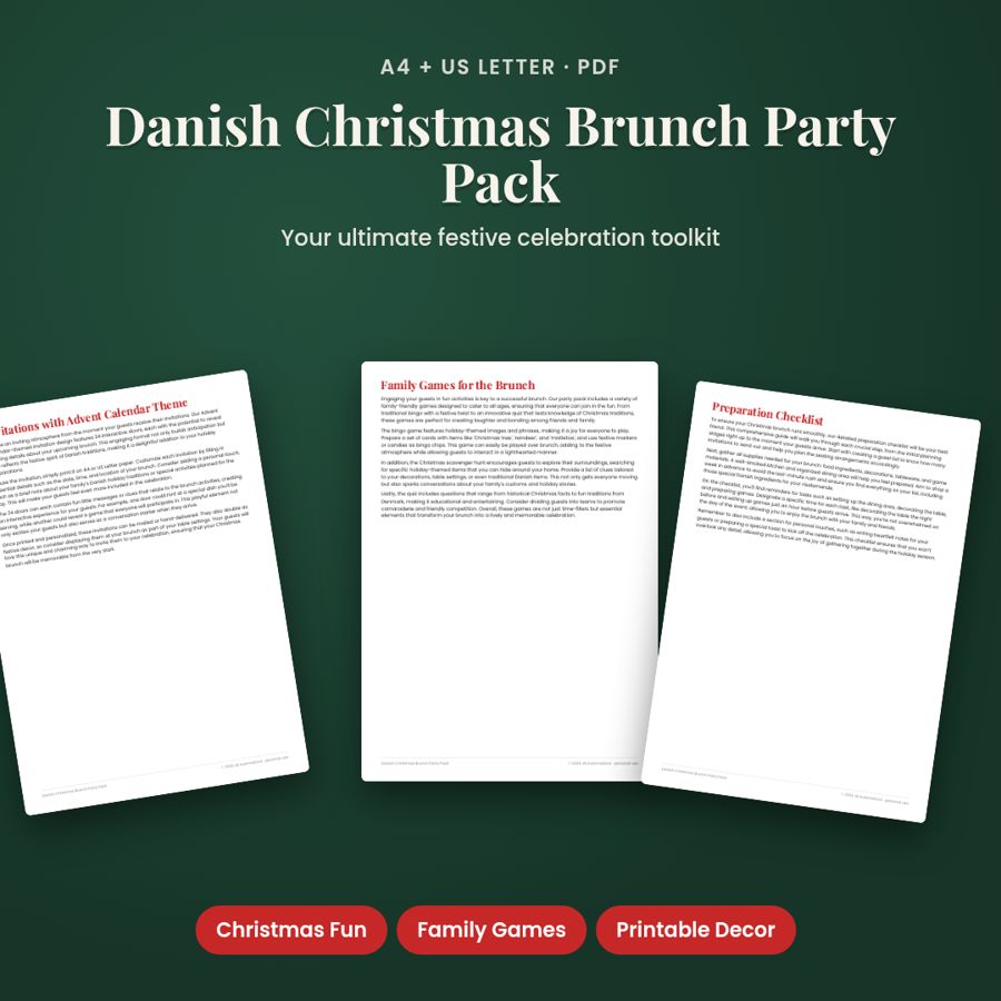 Danish Christmas Brunch Party Pack | Printable PDF, A4 + US Letter