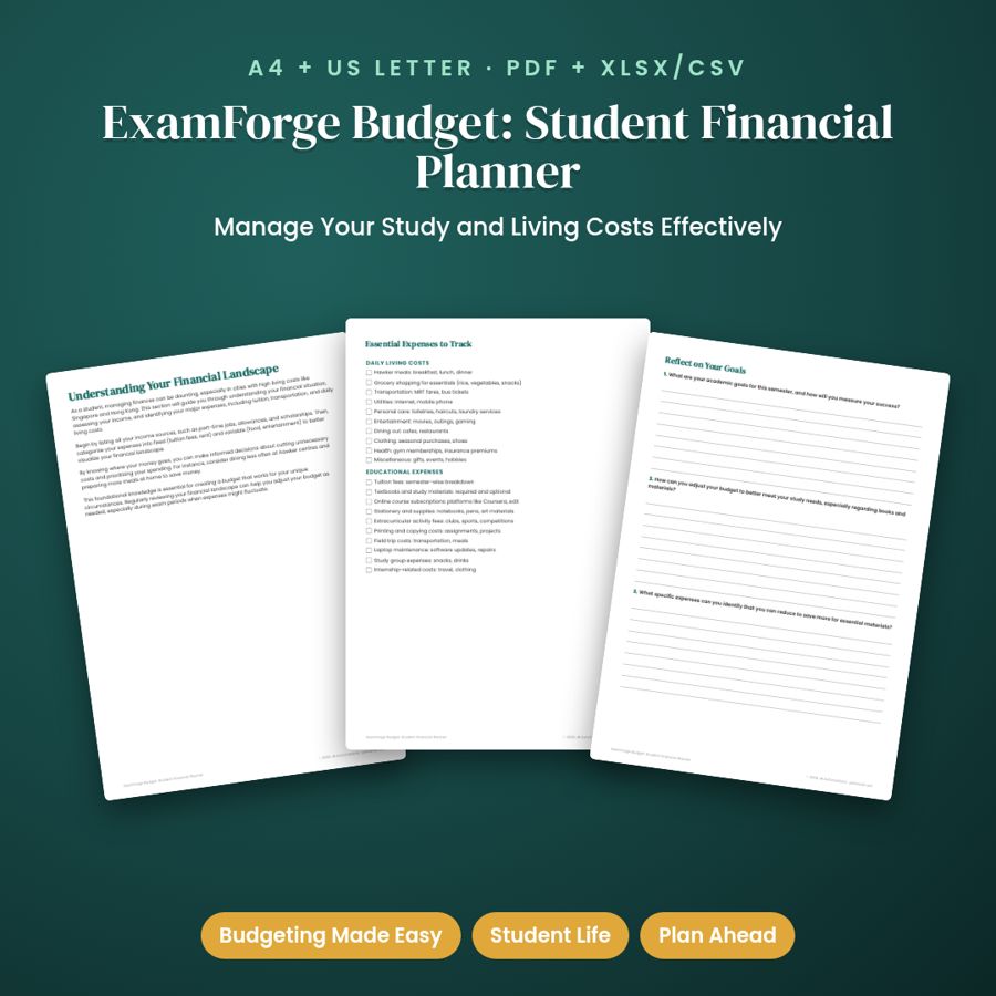 ExamForge Budget: Student Financial Planner | PDF + Excel Spreadsheet