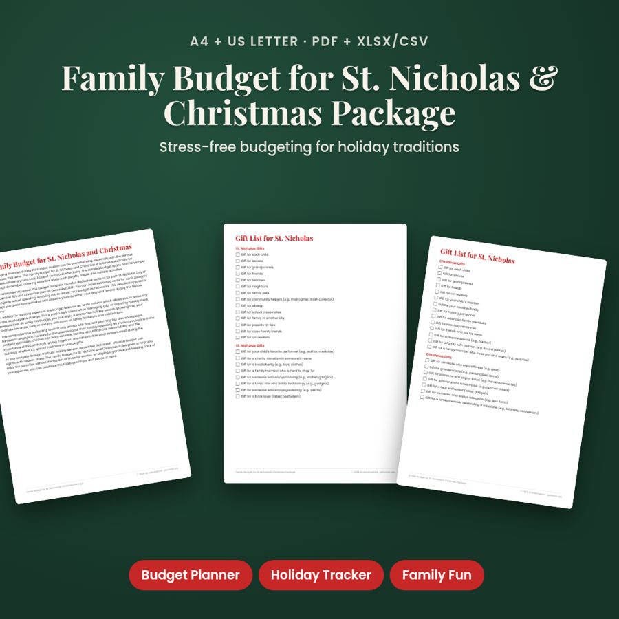 Family Budget for St. Nicholas & Christmas Package | PDF + Excel