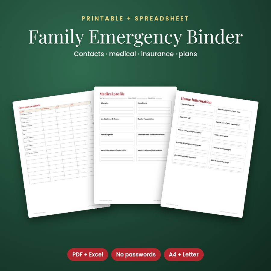 Family Emergency Binder Printable | Contacts, Medical & Insurance