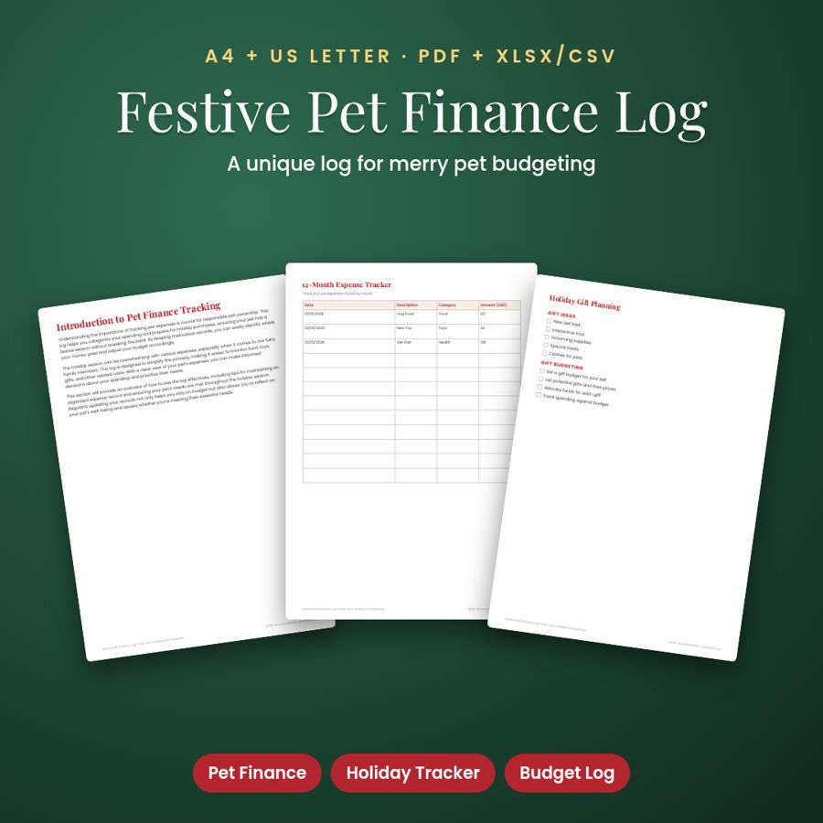 Festive Pet Finance Log: Track Your Holiday Pet Expenses | PDF + Excel