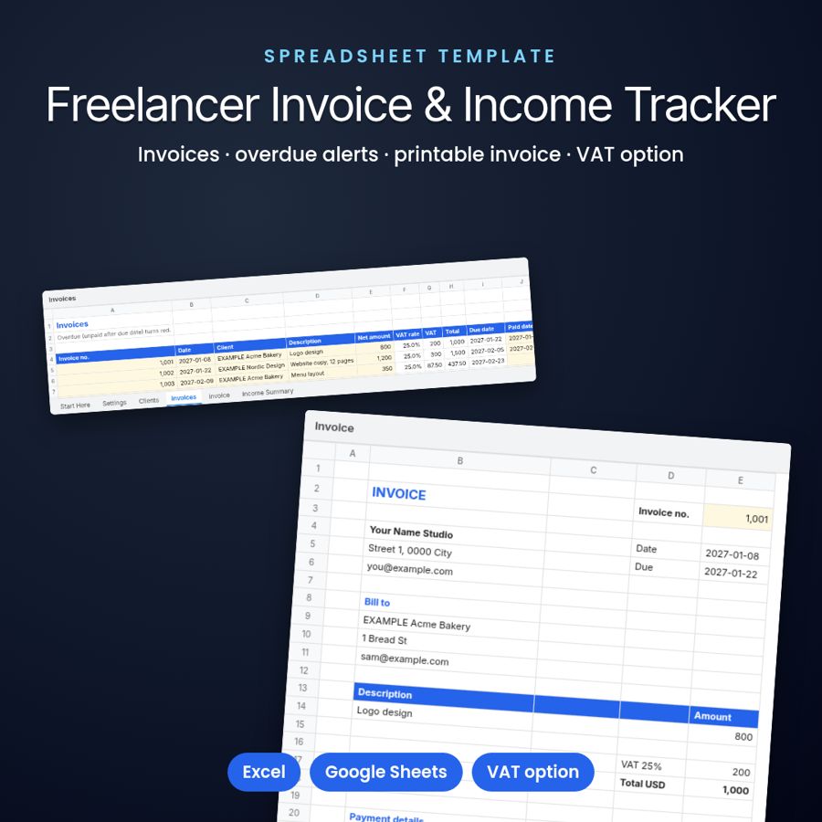 Freelancer Invoice Tracker Spreadsheet | Income + Invoice Template