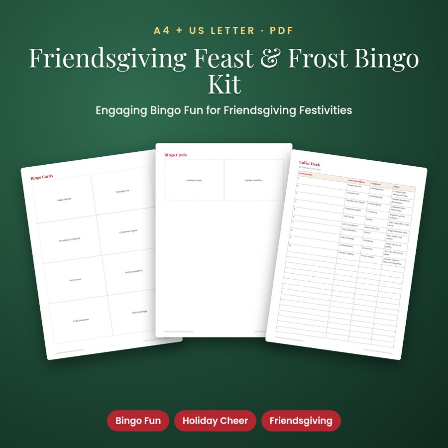 Friendsgiving Feast & Frost Bingo Kit | Printable PDF, A4 + US Letter