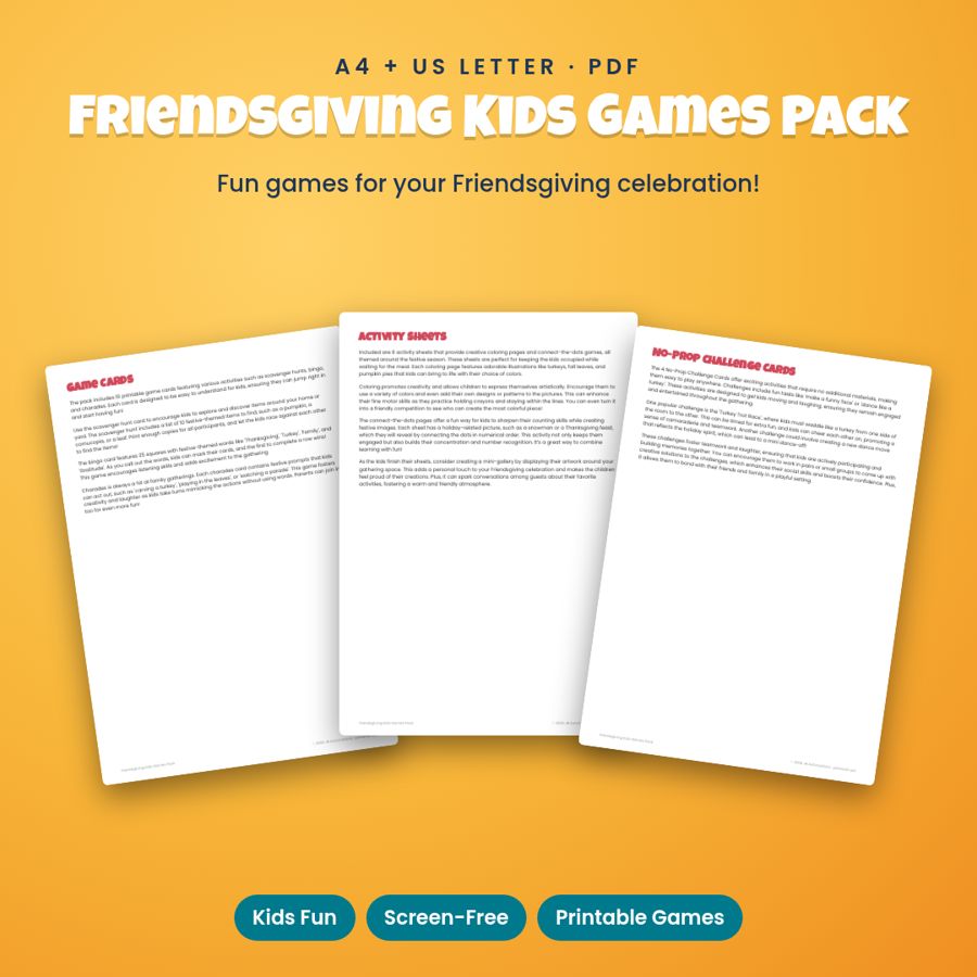 Friendsgiving Kids Games Pack | Printable PDF, A4 + US Letter