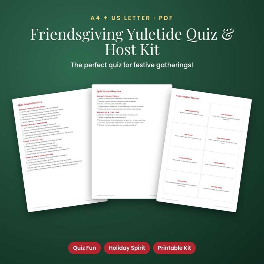 Friendsgiving Yuletide Quiz & Host Kit | Printable PDF, A4 + US Letter
