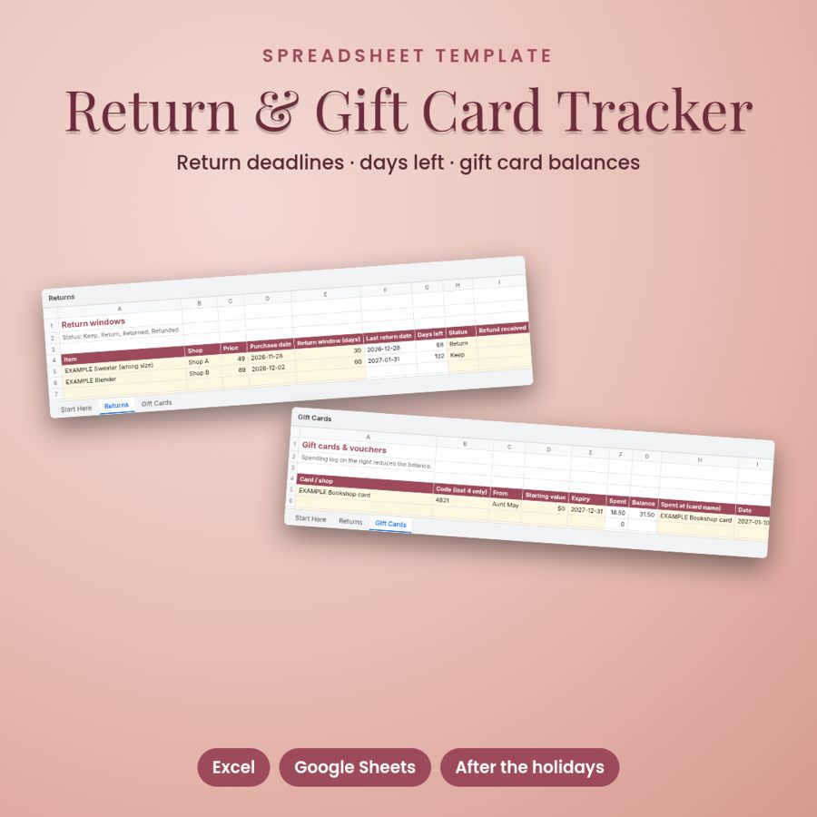 Gift Card & Return Window Tracker Spreadsheet | Excel & Google Sheets