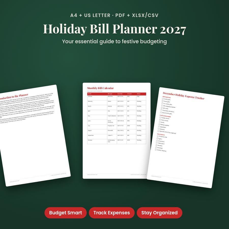 Holiday Bill Planner 2027 | Printable PDF + Excel Template