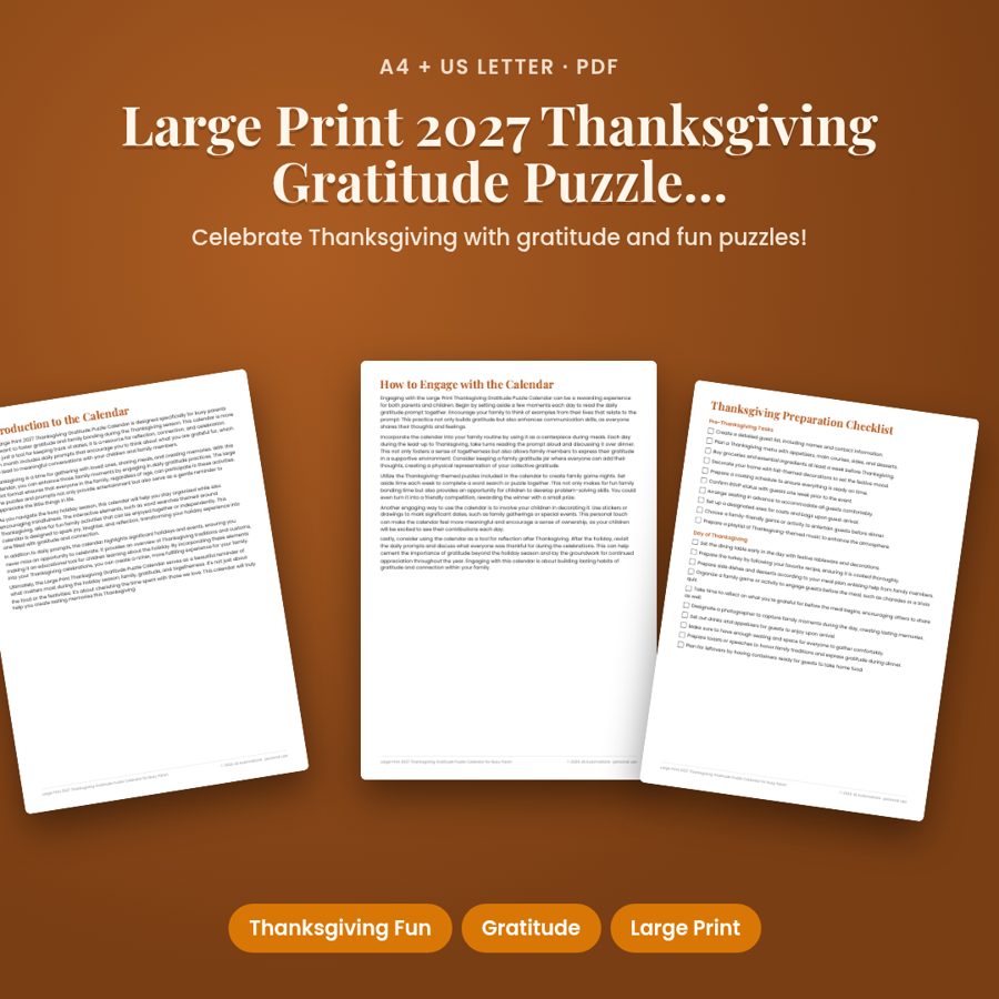 Large Print 2027 Thanksgiving Gratitude Puzzle Calendar for Busy Parents