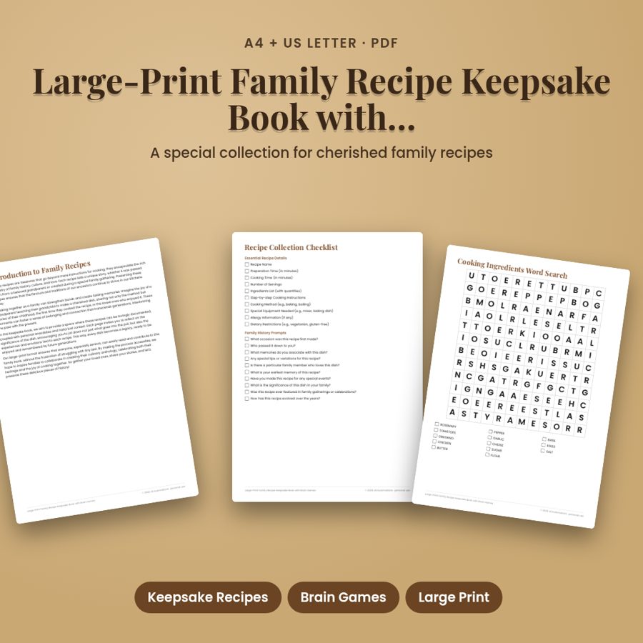 Large-Print Family Recipe Keepsake Book with Brain Games
