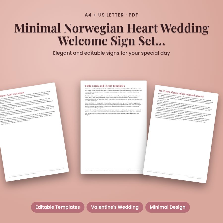 Minimal Norwegian Heart Wedding Welcome Sign Set for Valentine's