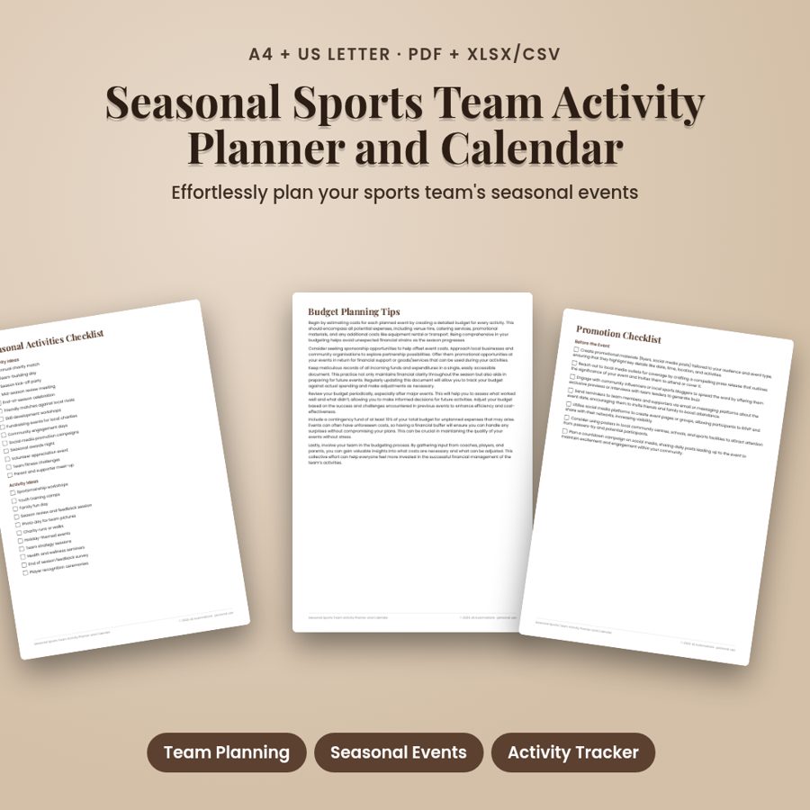Seasonal Sports Team Activity Planner and Calendar