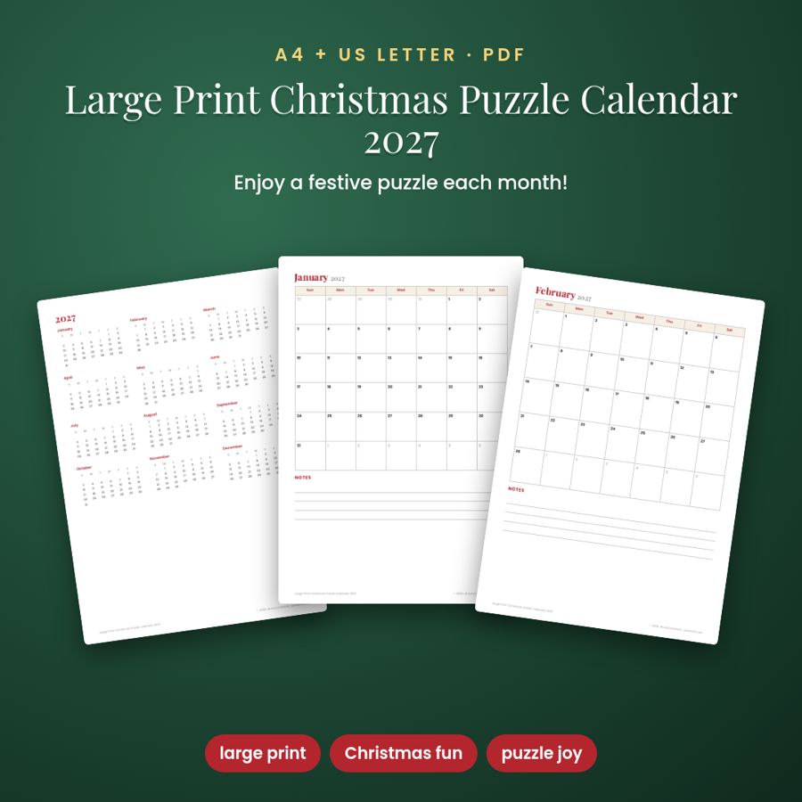 Large Print Christmas Puzzle Calendar 2027 | Printable PDF