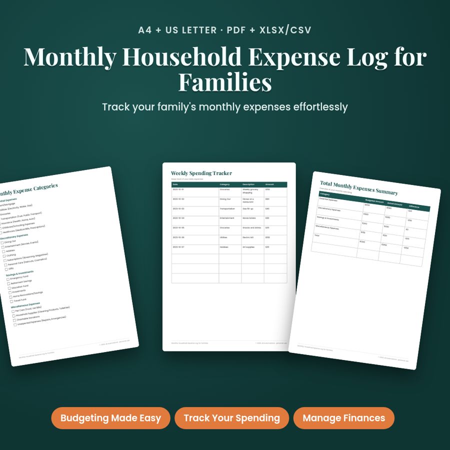 Monthly Household Expense Log for Families | PDF + Excel Spreadsheet