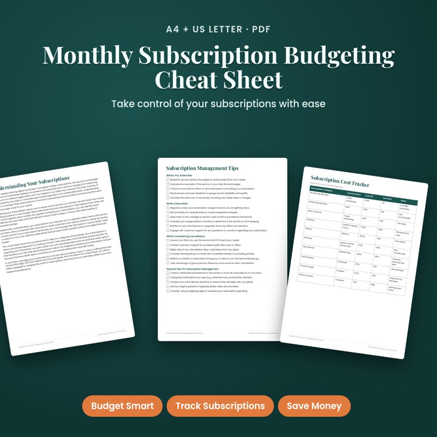Monthly Subscription Budgeting Cheat Sheet | Printable PDF