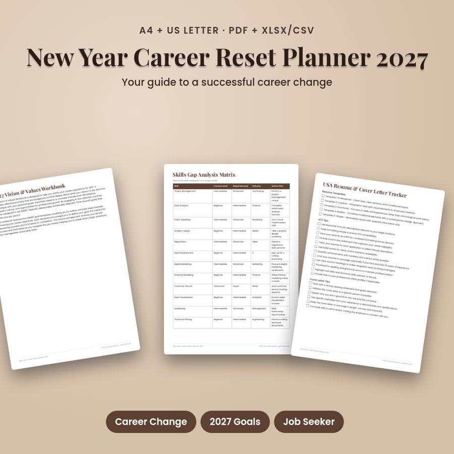 New Year Career Reset Planner 2027 | Printable PDF + Excel Template