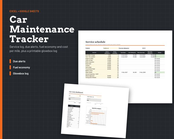 Car Maintenance Tracker – Service log, due alerts, fuel economy and cost per mile, plus a printable glovebox log