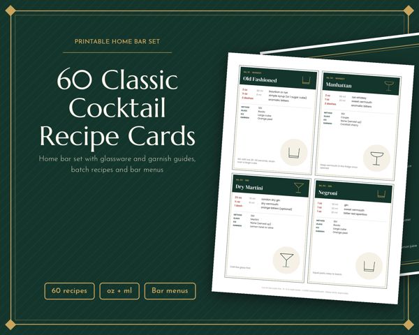 60 Classic Cocktail Recipe Cards – Home bar set with glassware and garnish guides, batch recipes and bar menus