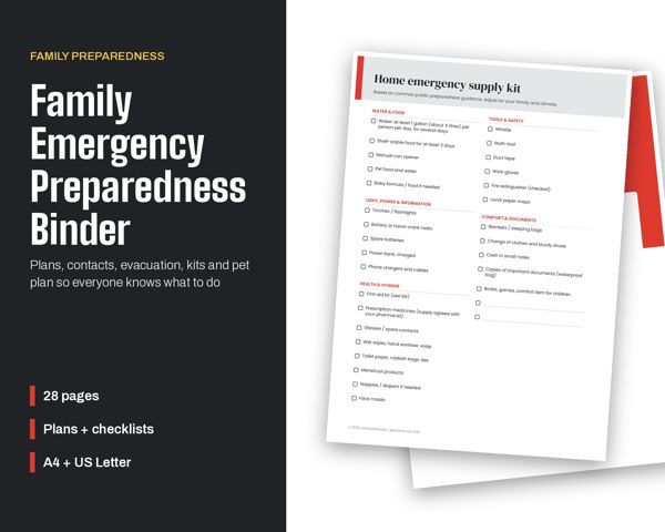 Family Emergency Preparedness Binder – Plans, contacts, evacuation, kits and pet plan so everyone knows what to do