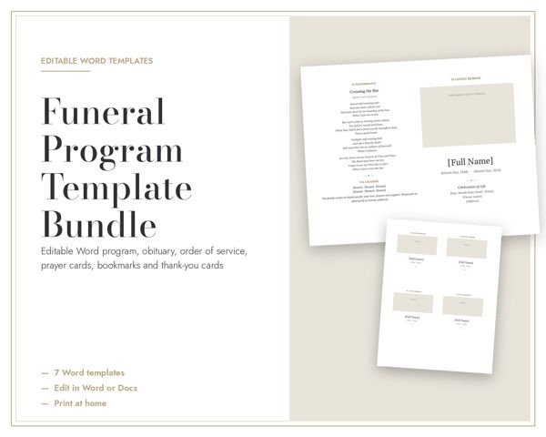 Funeral Program Template Bundle – Editable Word program, obituary, order of service, prayer cards, bookmarks and thank-you cards