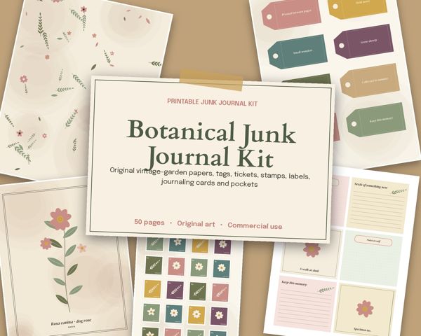 Botanical Junk Journal Kit – Original vintage-garden papers, tags, tickets, stamps, labels, journaling cards and pockets