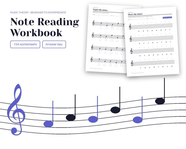 Note Reading Workbook – 154 worksheets: treble & bass clef, piano keys, intervals and rhythm