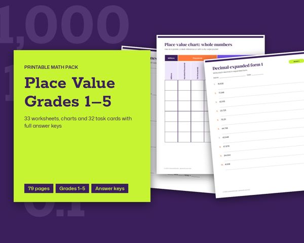 Place Value Grades 1–5 – 33 worksheets, charts and 32 task cards with full answer keys