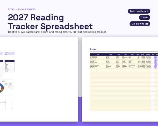 2027 Reading Tracker Spreadsheet – Book log, live dashboard, genre and mood charts, TBR list and series tracker