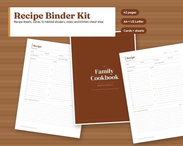 Recipe Binder Kit – Recipe sheets, cards, 12 tabbed dividers, index and kitchen cheat sheets
