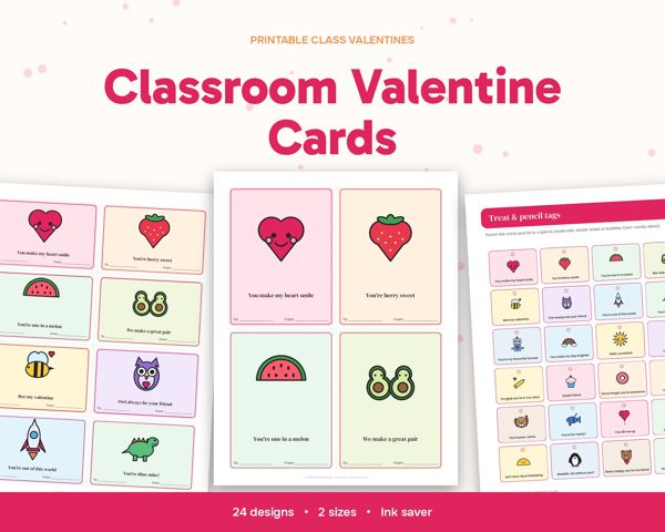 Classroom Valentine Cards – 24 original kid-friendly designs in full colour and ink-saver black and white, in two sizes