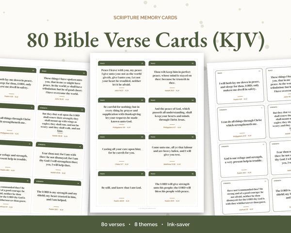 80 Bible Verse Cards (KJV) – Scripture memory cards in 8 themes, colour and ink-saver, with memory tracker