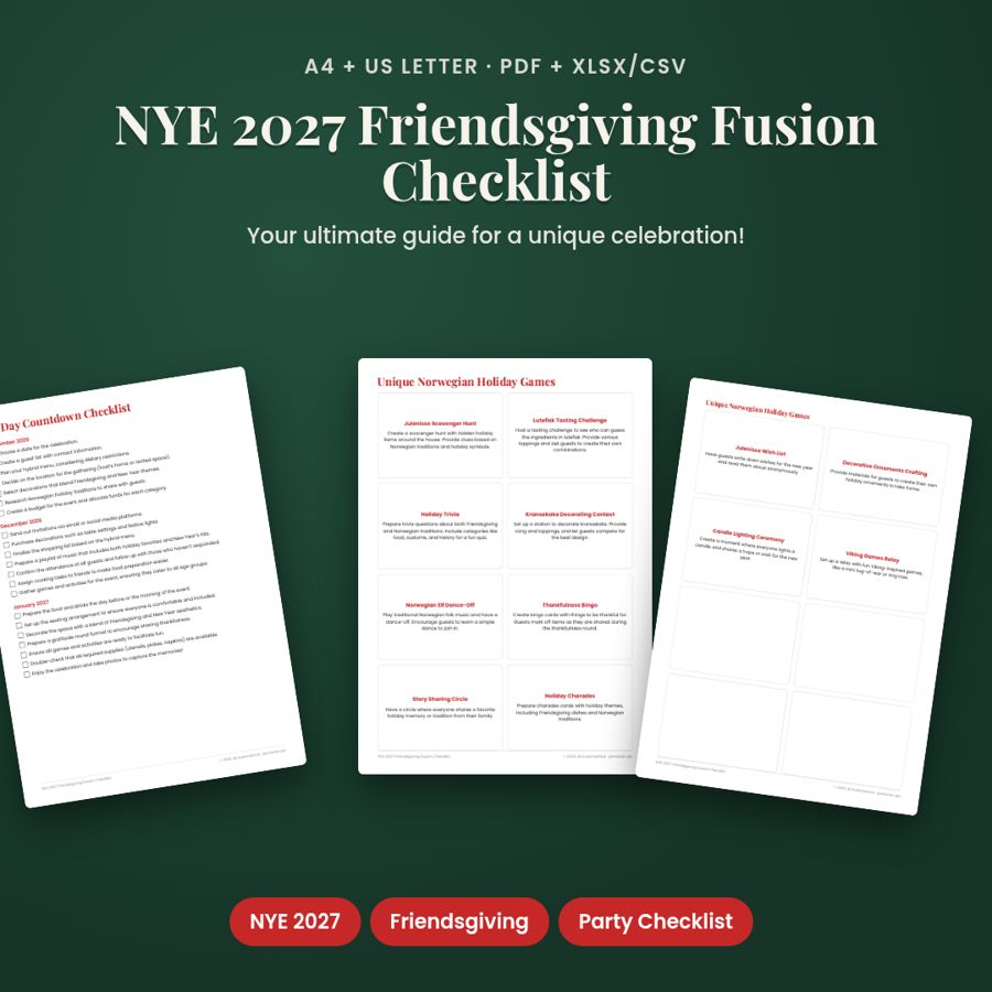 NYE 2027 Friendsgiving Fusion Checklist | PDF + Excel Spreadsheet