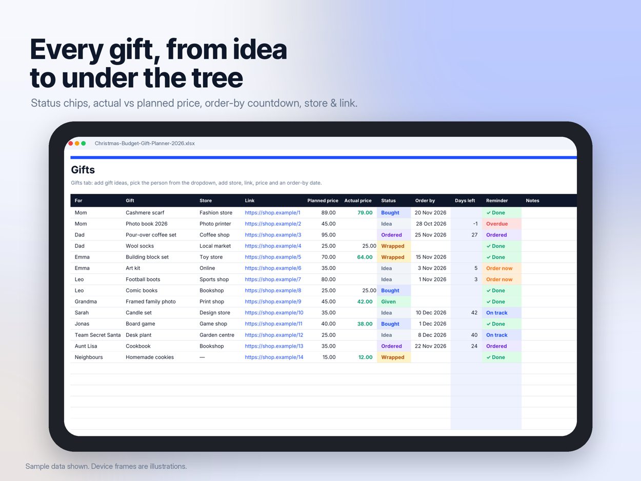 Gift tracker with status and order-by dates on a tablet