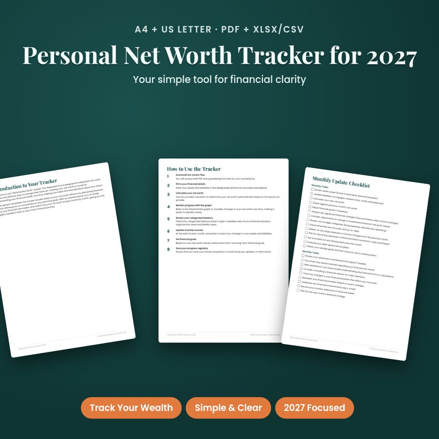 Personal Net Worth Tracker for 2027 | Printable PDF + Excel Template