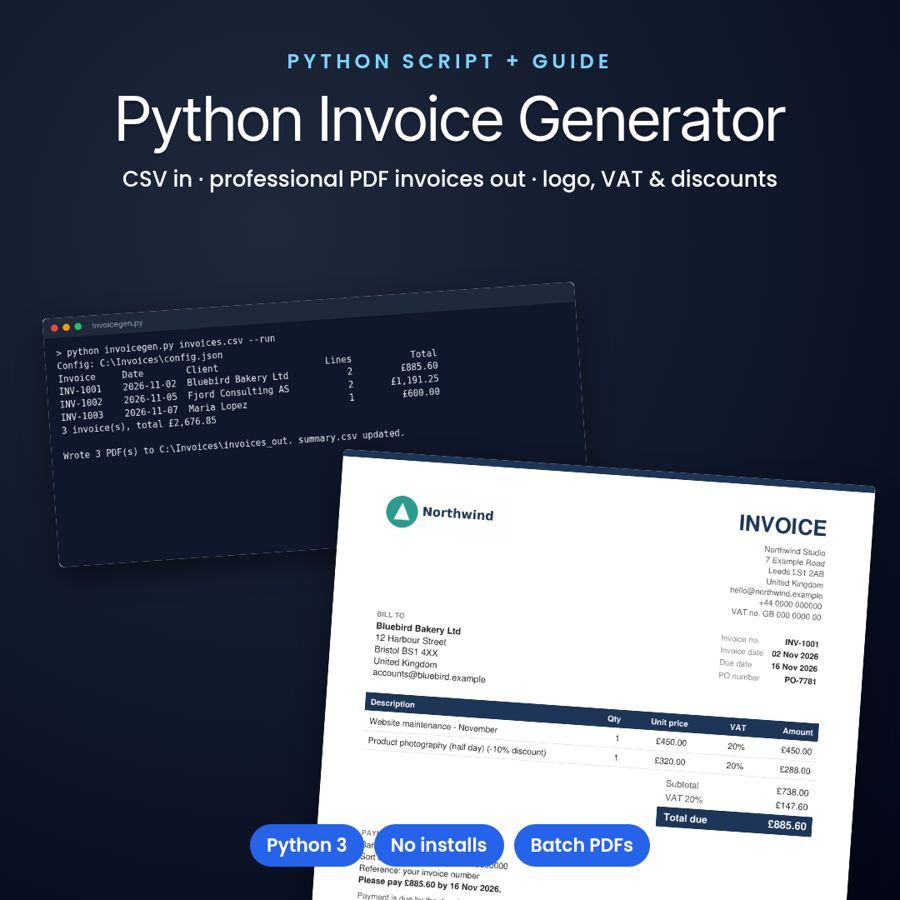 Python Invoice Generator | CSV to PDF Invoices, Batch + VAT – preview